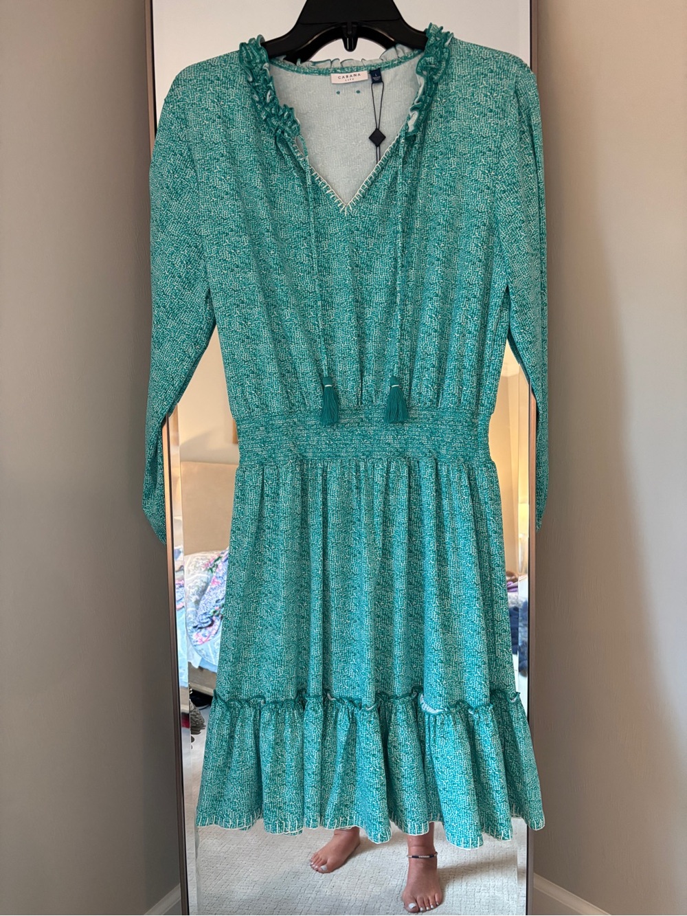 Cabana Life Teal Green V-Neck Tiered Long Sleeve Dress